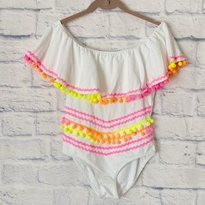 Stella Cove white off the shoulder pom pom swimsuit